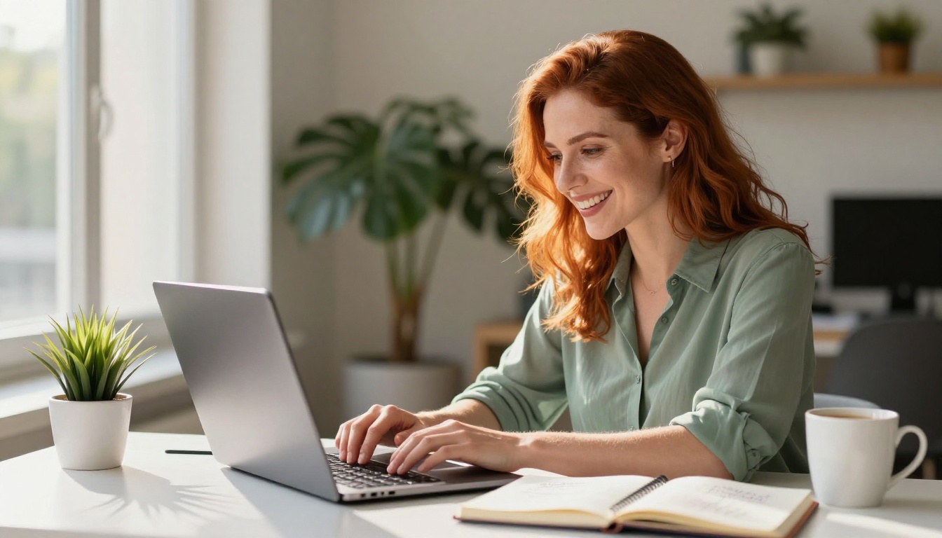 Woman with auburn hair smiling genuinely at her laptop screen in a bright modern workspace with morning sunlight Woman with auburn hair smiling genuinely at her laptop screen in a bright modern workspace with morning sunlight