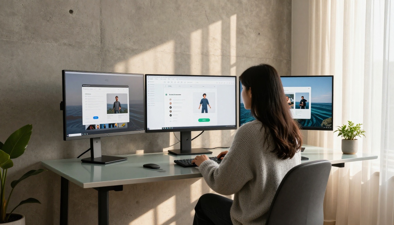 Woman at desk working on AI character design, side profile view