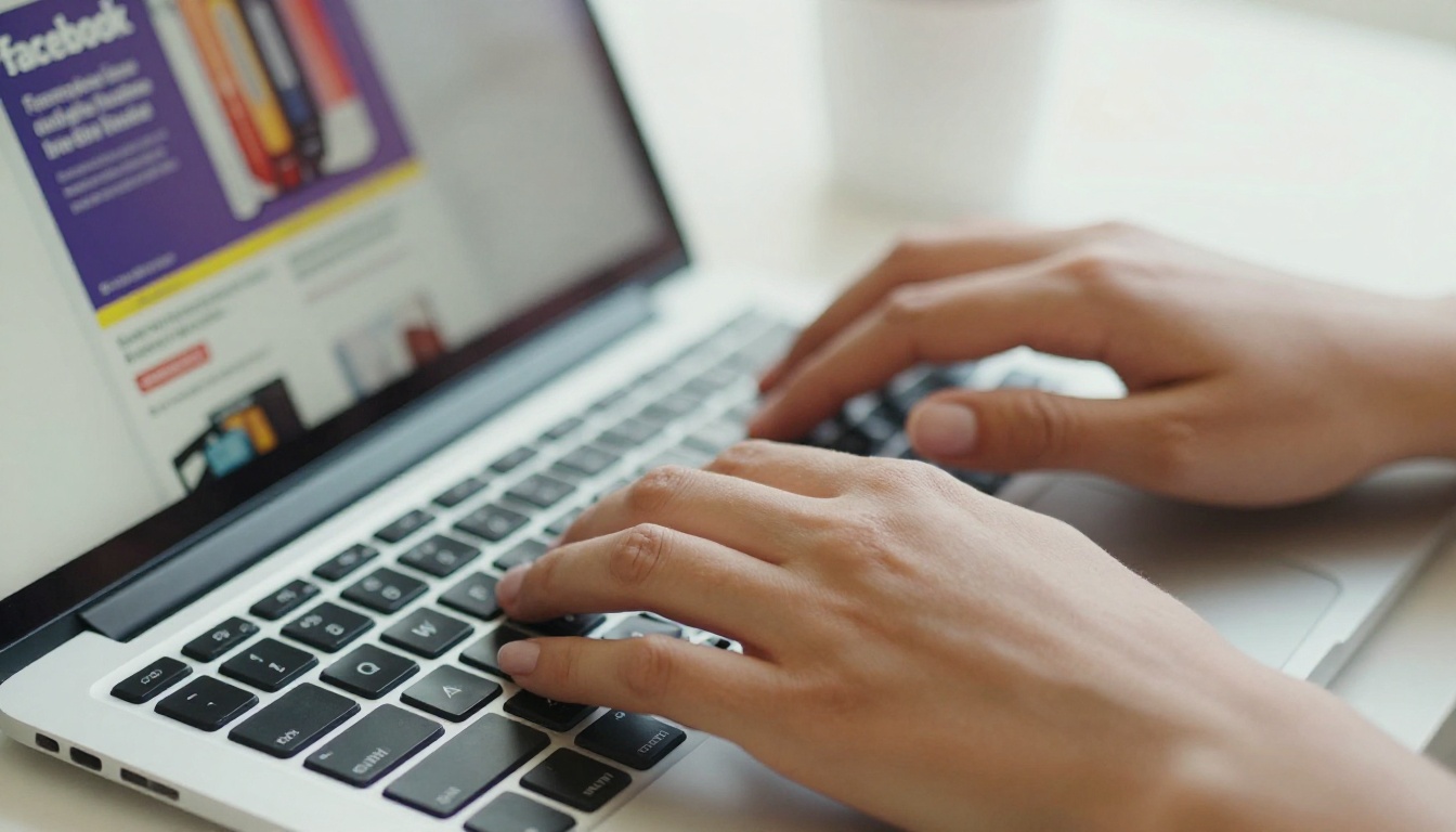 Close-up of hands typing on laptop while designing AI ad creative