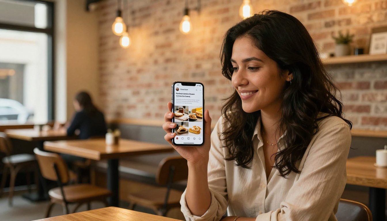 Hispanic woman in a coffee shop reviewing a polished Instagram ad on her smartphone