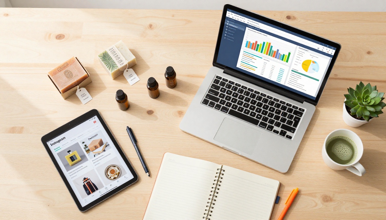 Aerial flat lay of a small business marketing workspace with laptop, tablet, and products