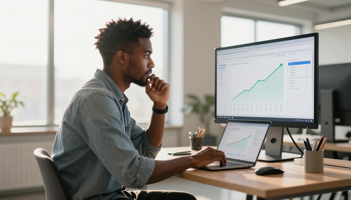 Black entrepreneur reviewing Facebook ad analytics on his large monitor