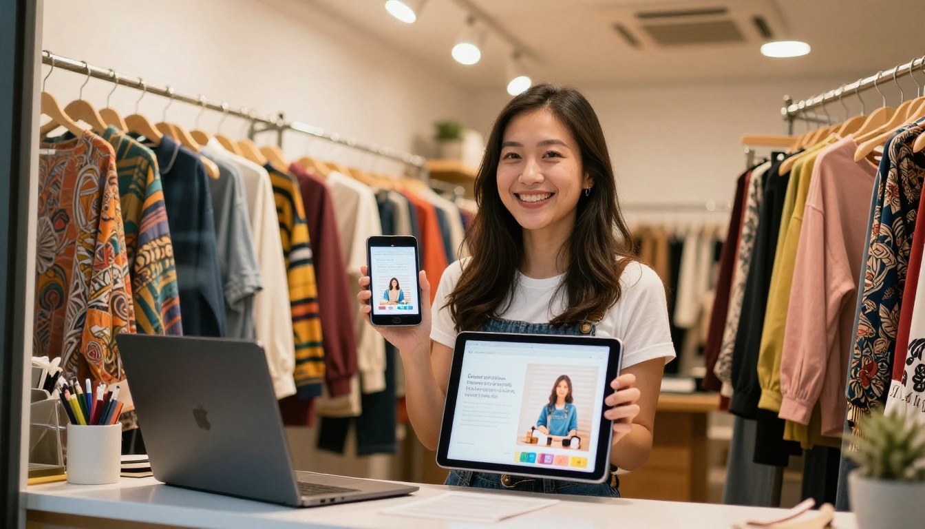 Asian boutique owner proudly showing AI-generated ad creative on her tablet