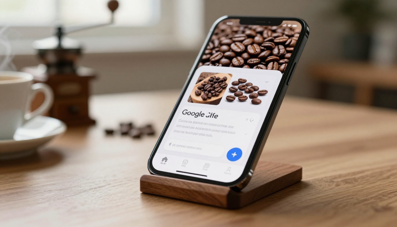Smartphone showing a polished Google ad for artisan coffee with professional photography