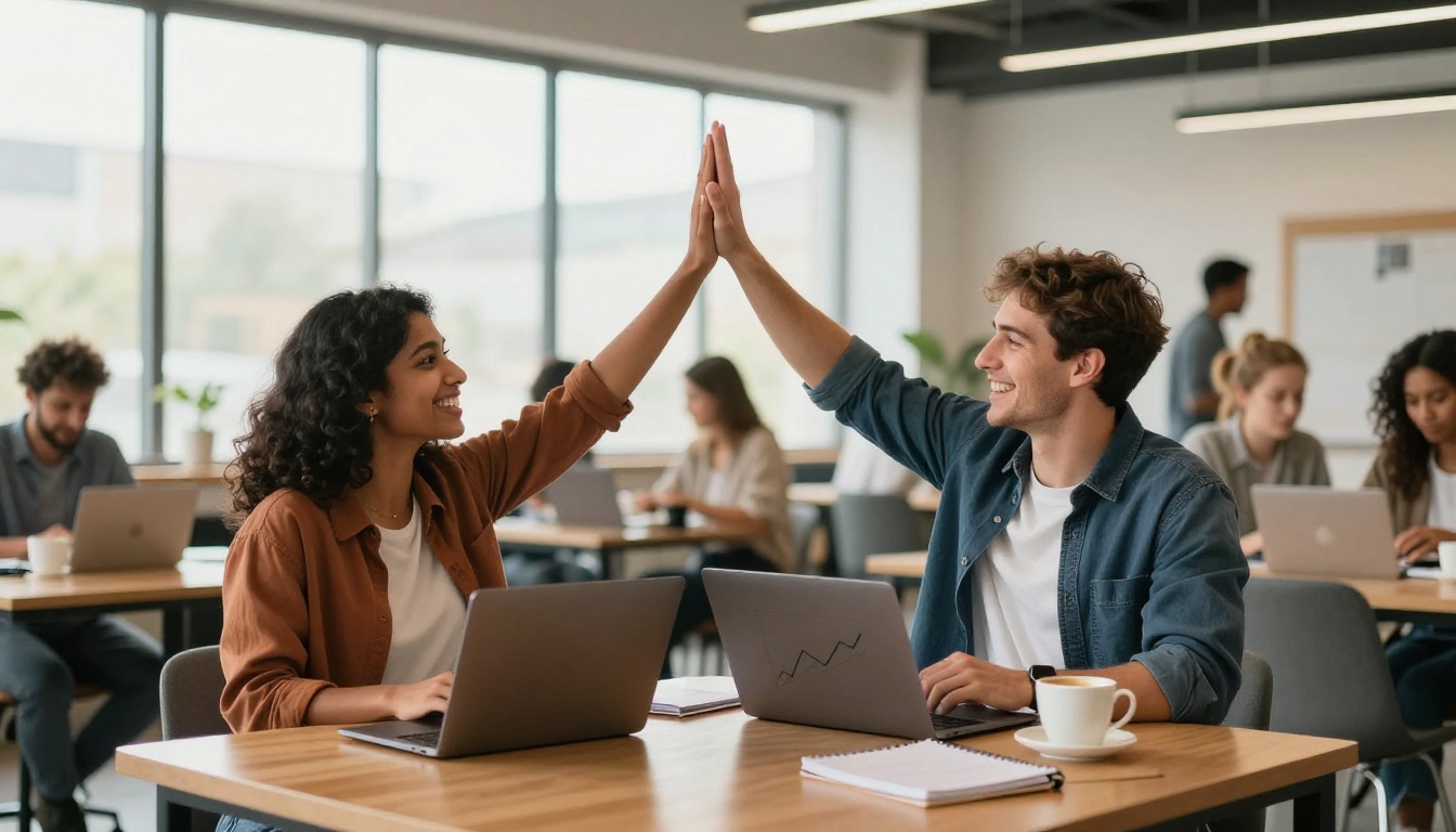 Diverse entrepreneurial team celebrating rising ad performance in a co-working space