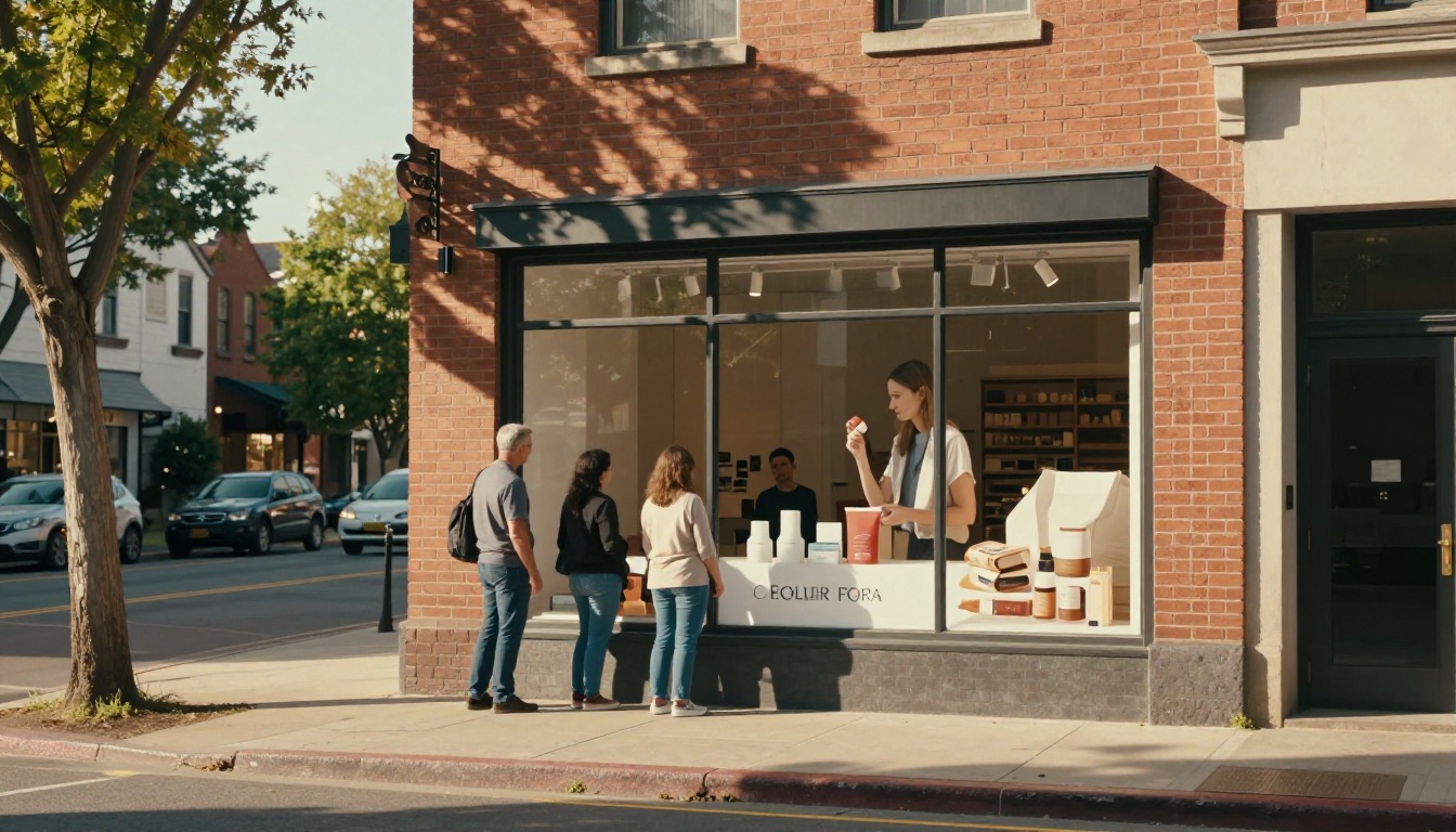 Sunny suburban storefront with professional print advertisement in the shop window display
