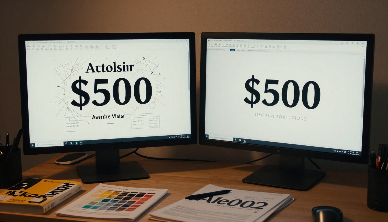 Designer comparing traditional vs AI logo creation at dual-monitor workstation in warm studio