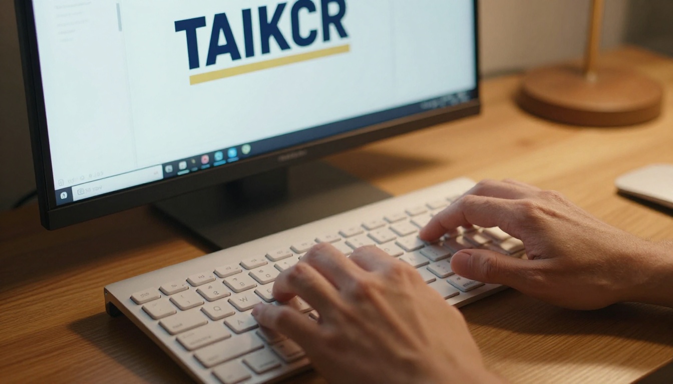Close-up macro of designer hands typing logo prompt on keyboard, AI interface glowing in background