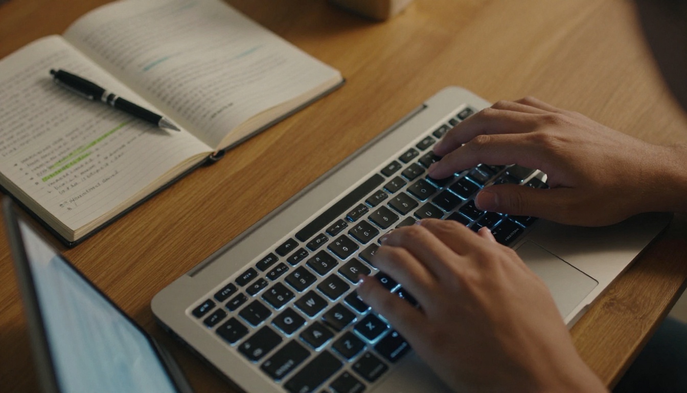 Hands typing a detailed prompt on a mechanical keyboard at a warm wooden desk