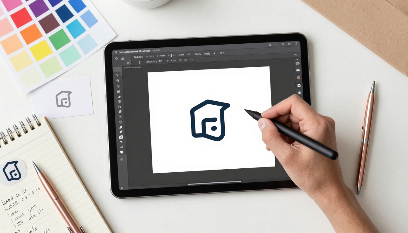 Aerial flat lay of brand designer workspace with tablet showing SVG vector logo, color swatches, and notebooks
