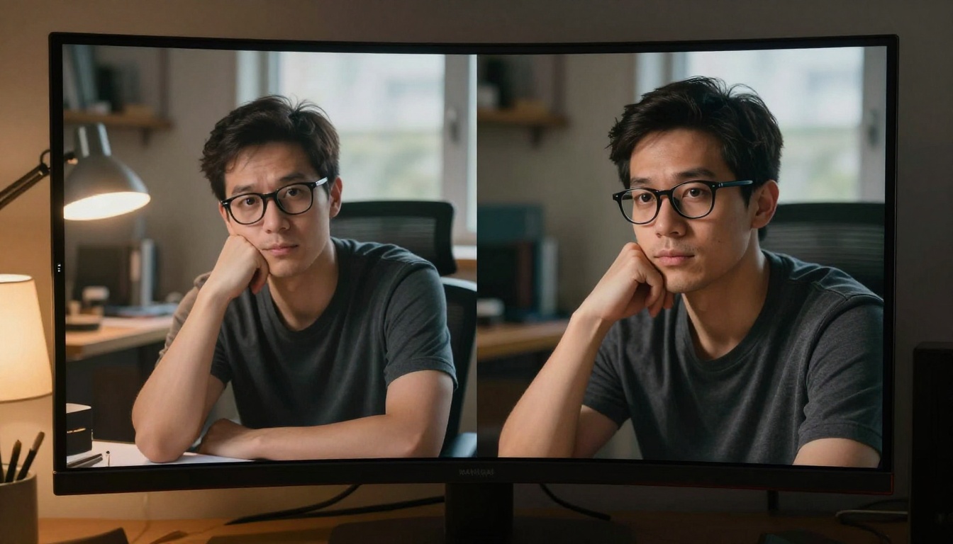 Man with glasses studying AI image comparison on a large monitor