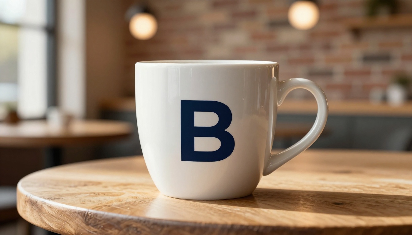 White coffee cup with minimalist AI logo on warm oak cafe table bathed in morning window light