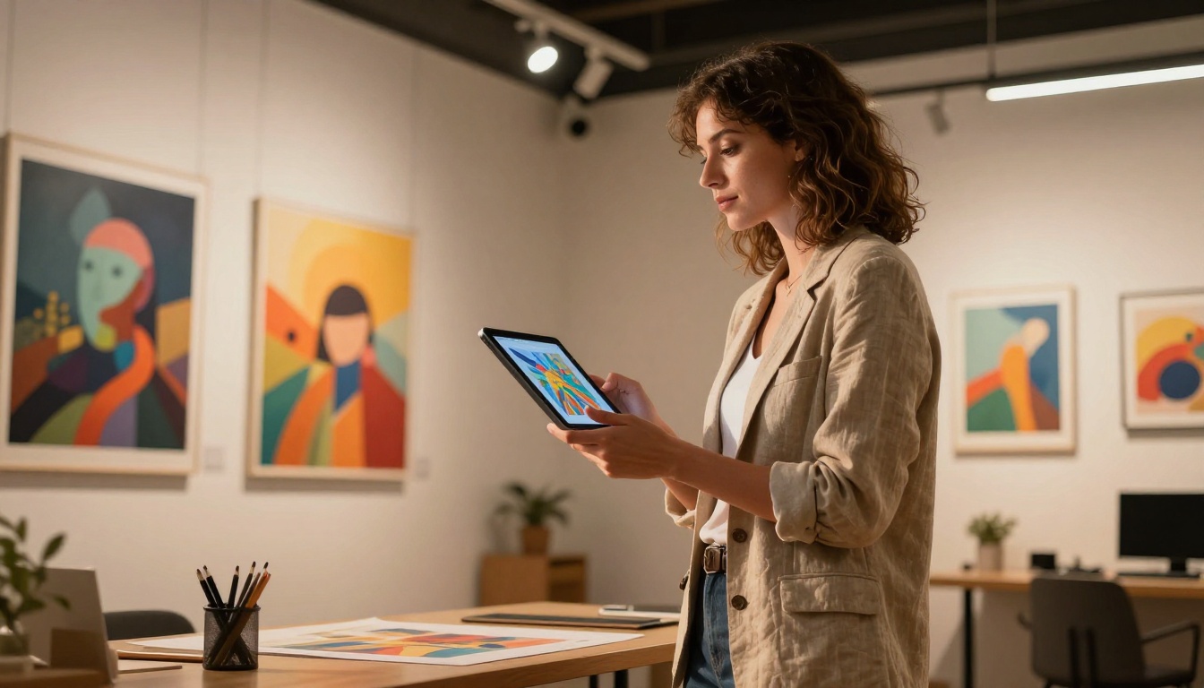 Low-angle view of a creative woman holding a tablet with AI art prints on the wall behind her