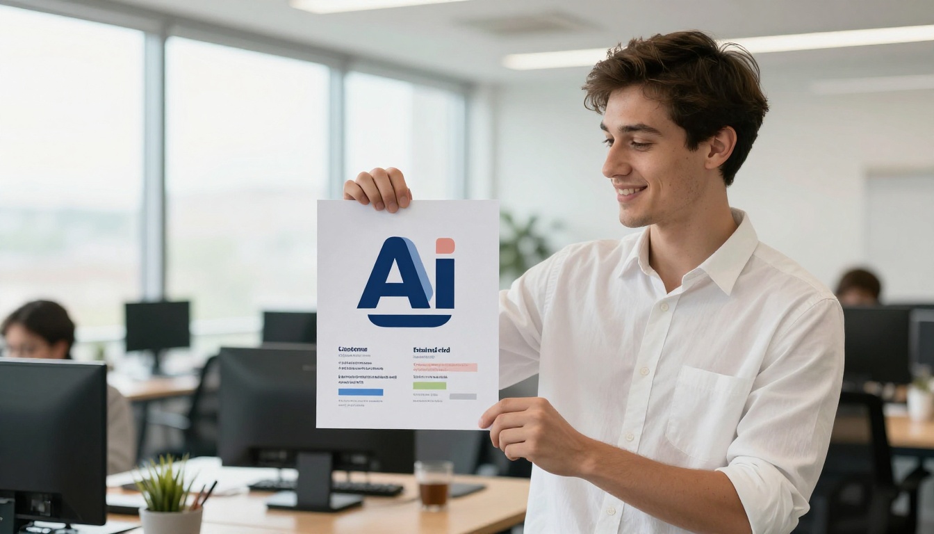Creative director holding printed A4 brand identity sheet in bright modern co-working space