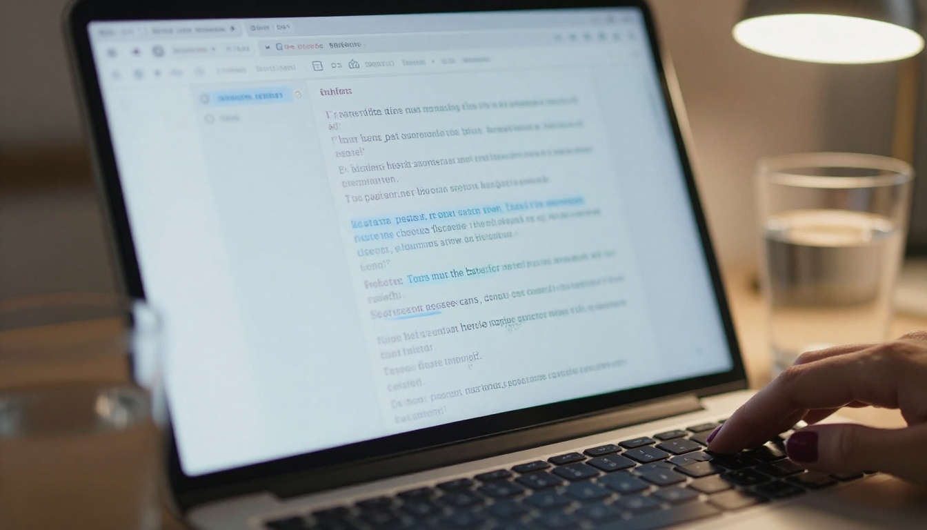 Extreme close-up of a laptop screen showing a detailed AI prompt with highlighted phrases
