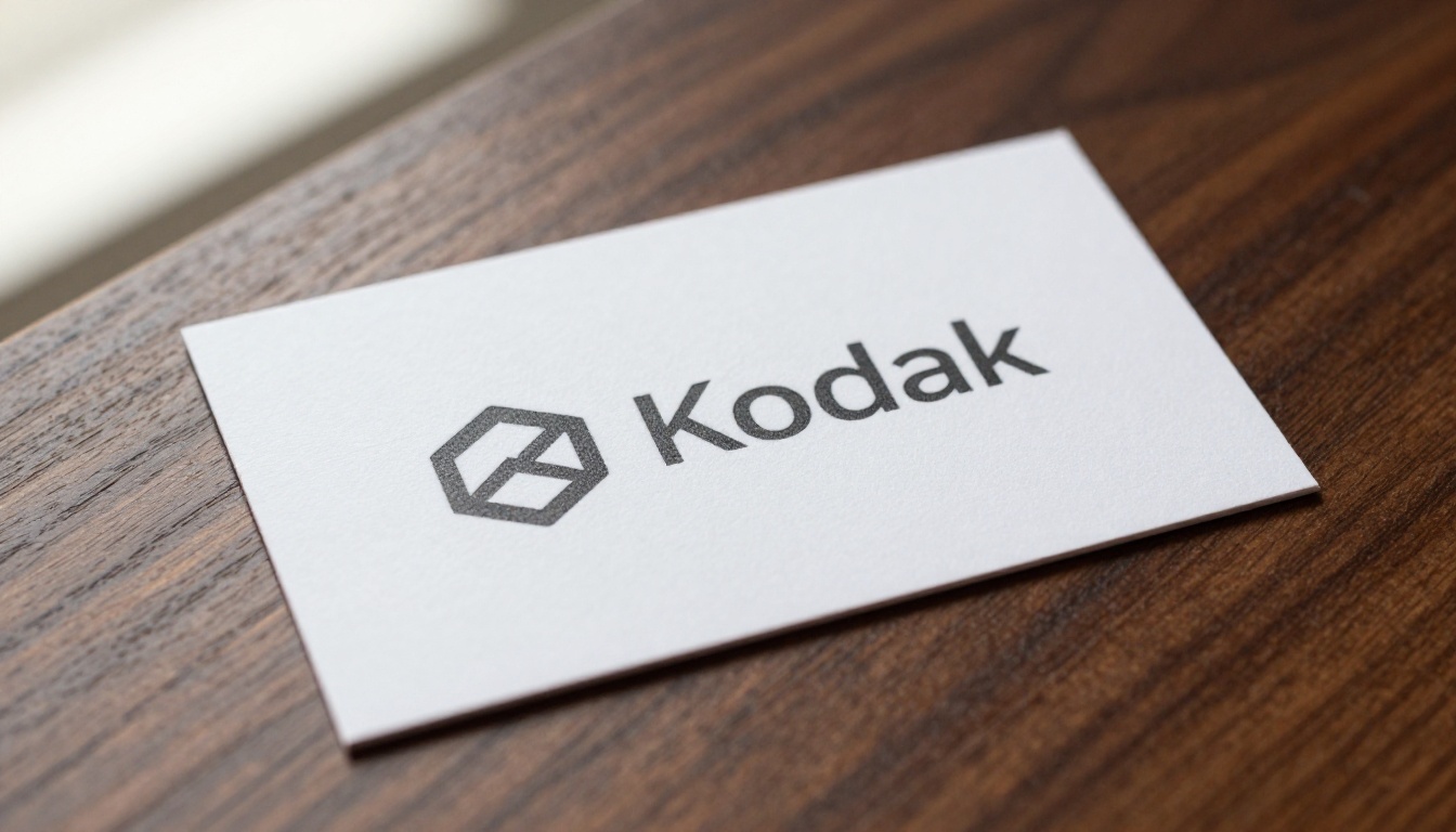 Premium matte white business card with minimalist combination mark logo resting on dark walnut wood surface