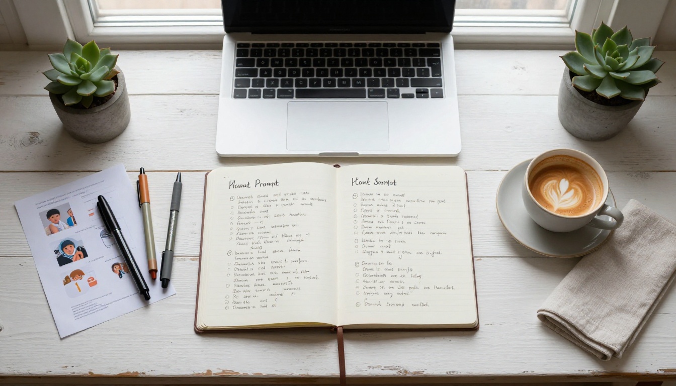 Flat lay overhead of workspace with handwritten prompt notes, AI prints, and coffee