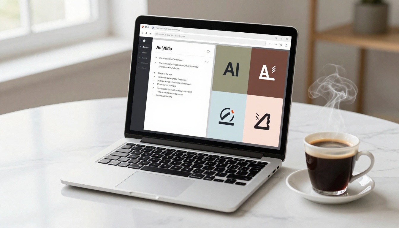 Open laptop on white marble table showing AI logo generator interface with four logo variations on screen