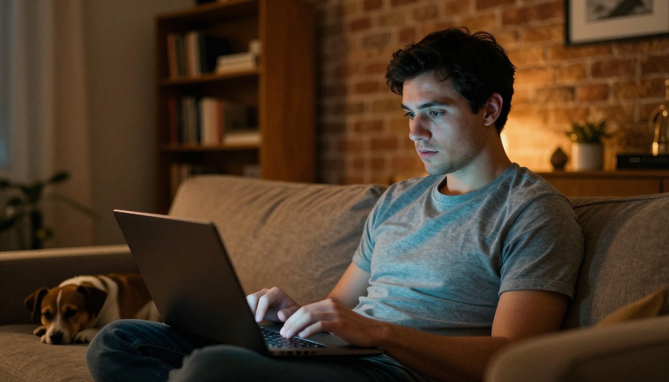 Man sitting cross-legged on couch studying laptop screen in a warm loft apartment