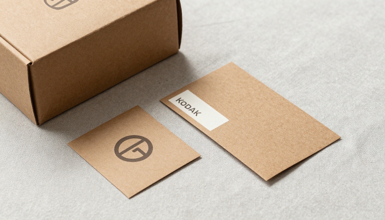 Branded packaging flat lay with kraft paper box, product label, and combination mark card on linen surface