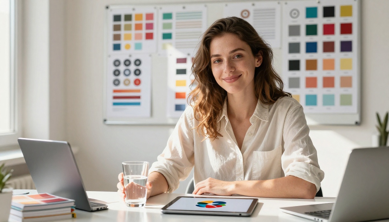 Smiling woman at Scandinavian desk with brand identity deliverables and logo sheets pinned to cork board
