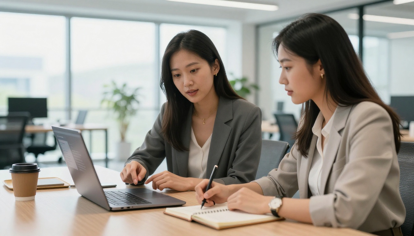 Two women collaborating at a shared desk on AI prompt generation