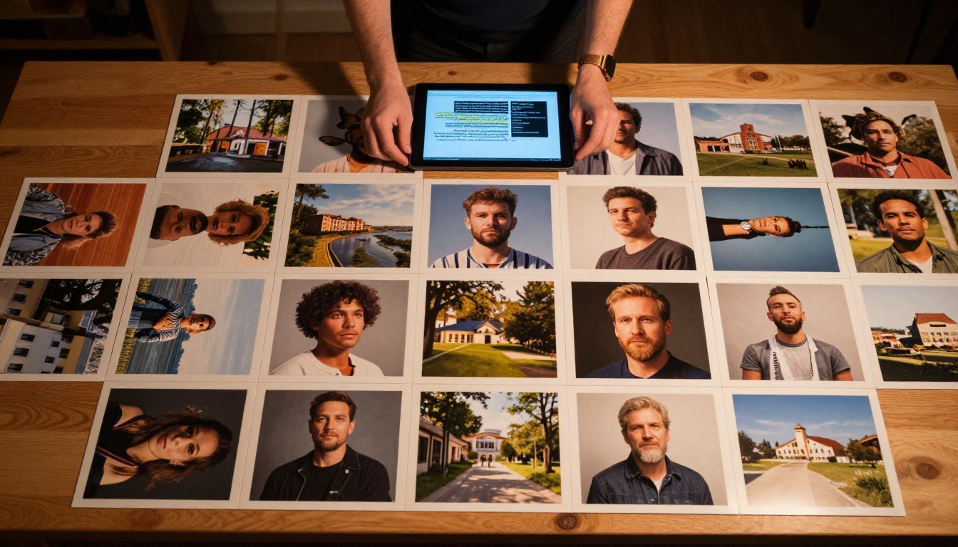 Aerial view of a creative studio table covered in printed AI-generated images being sorted by hand