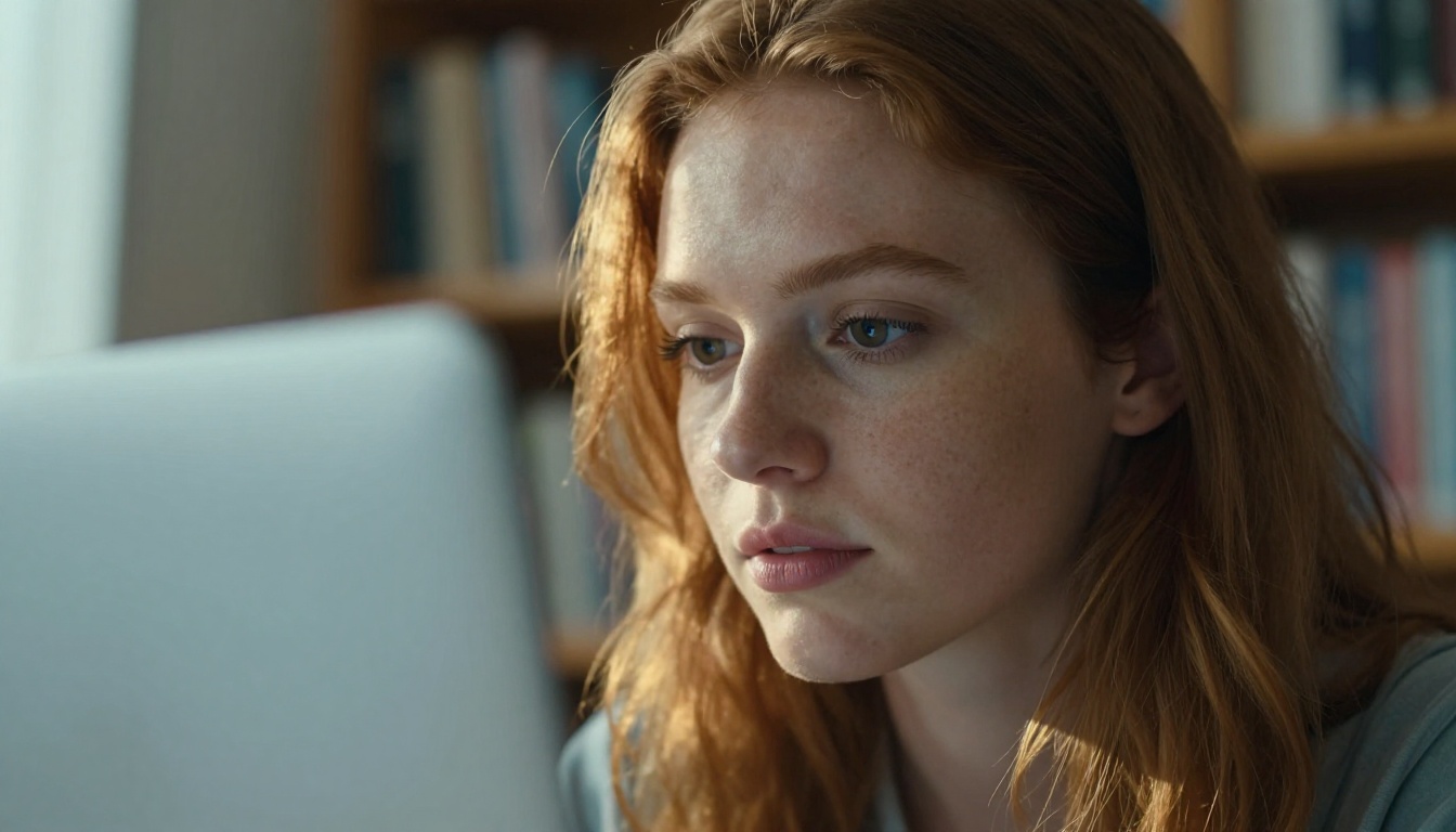 Close-up portrait of a focused woman with auburn hair and freckles illuminated by screen glow and warm afternoon light