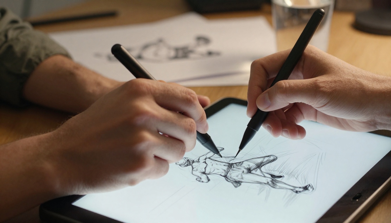 Animator's hands drawing a character sketch on a Wacom tablet with stylus Animator's hands drawing a character sketch on a Wacom tablet with stylus