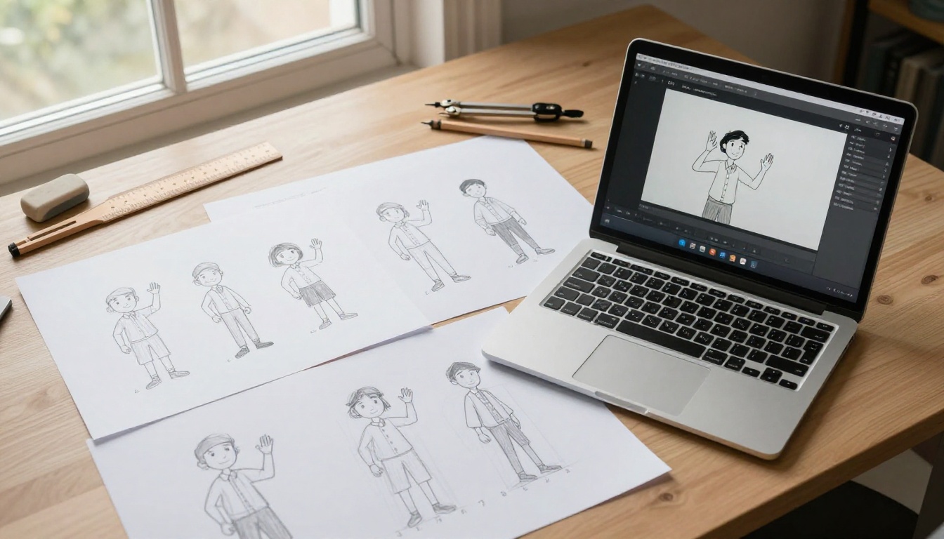 Animator's desk with hand-drawn character sketches beside a laptop showing animation software Animator's desk with hand-drawn character sketches beside a laptop showing animation software