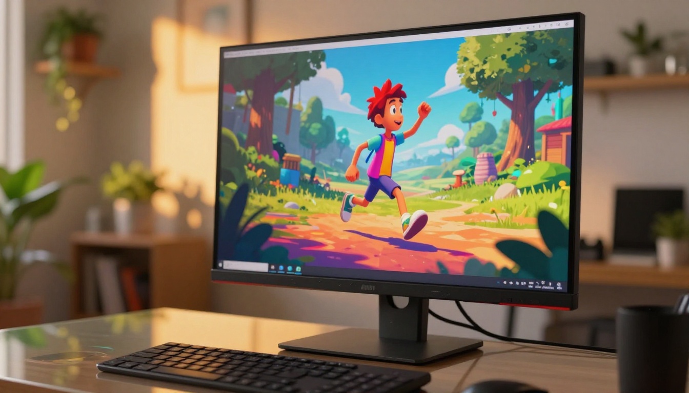 Professional monitor displaying a vibrant AI-generated animation of a character in motion Professional monitor displaying a vibrant AI-generated animation of a character in motion
