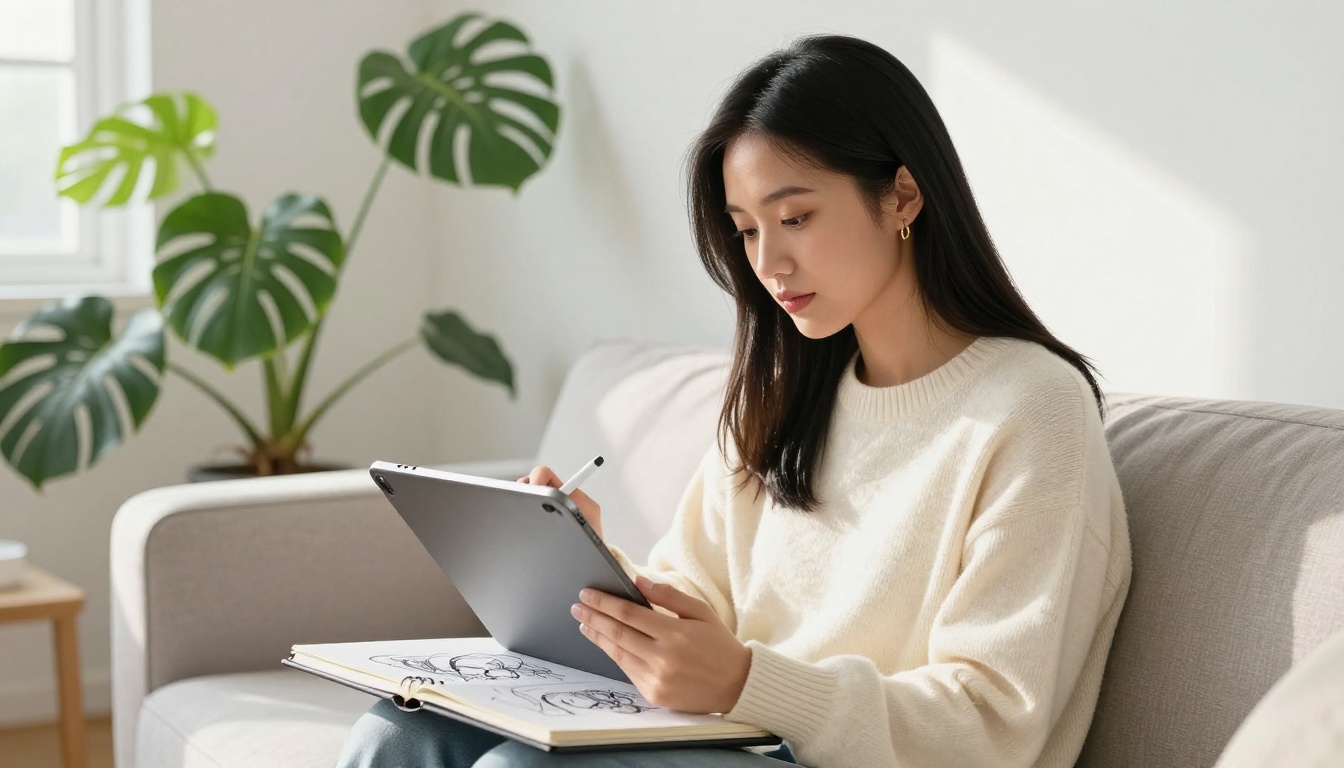 Young Asian woman drawing a character sketch on iPad Pro while sitting on a couch Young Asian woman drawing a character sketch on iPad Pro while sitting on a couch