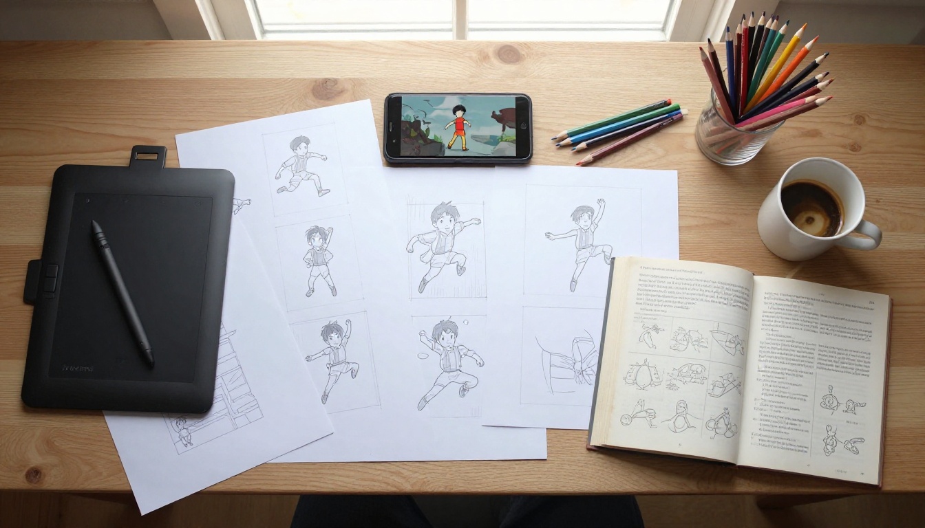 Overhead flat-lay of an animator's tools including Wacom tablet, sketches, pencils, and coffee mug Overhead flat-lay of an animator's tools including Wacom tablet, sketches, pencils, and coffee mug