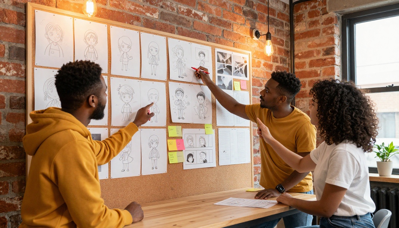 Two creative professionals reviewing printed animation frames pinned to a cork board in a studio Two creative professionals reviewing printed animation frames pinned to a cork board in a studio