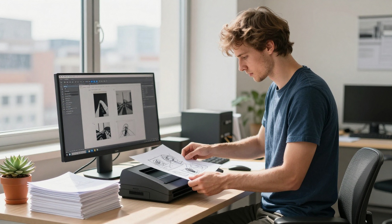 Man scanning hand-drawn paper sketches on a flatbed scanner in a bright modern office Man scanning hand-drawn paper sketches on a flatbed scanner in a bright modern office
