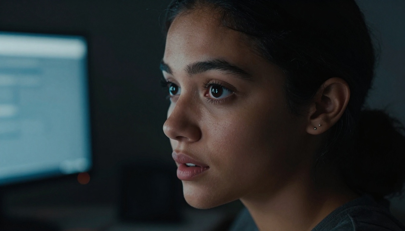 Dramatic close-up portrait of a woman animator illuminated by the glow of her monitor in a dark studio Dramatic close-up portrait of a woman animator illuminated by the glow of her monitor in a dark studio