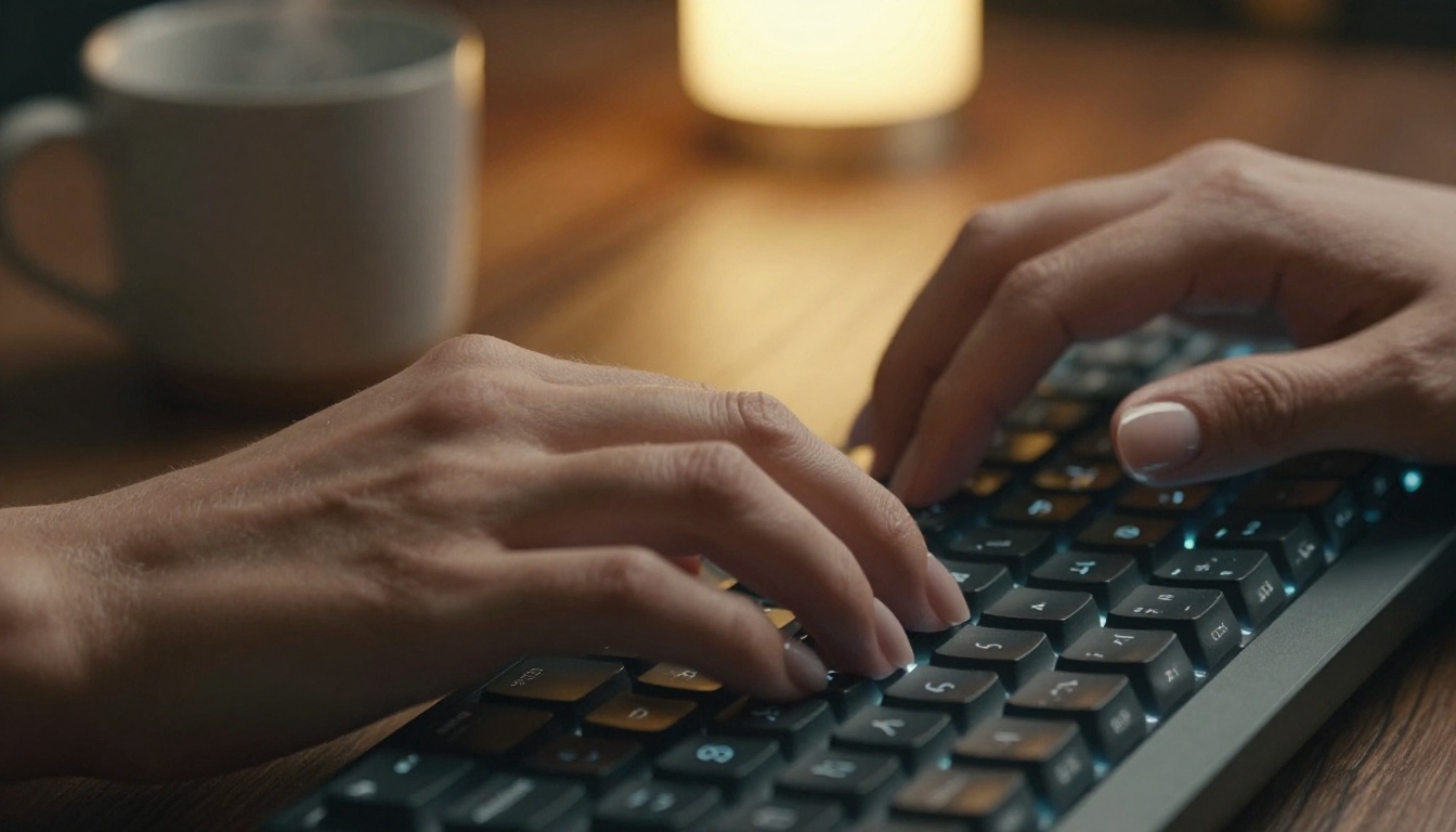 Content creator typing a video prompt on a laptop keyboard