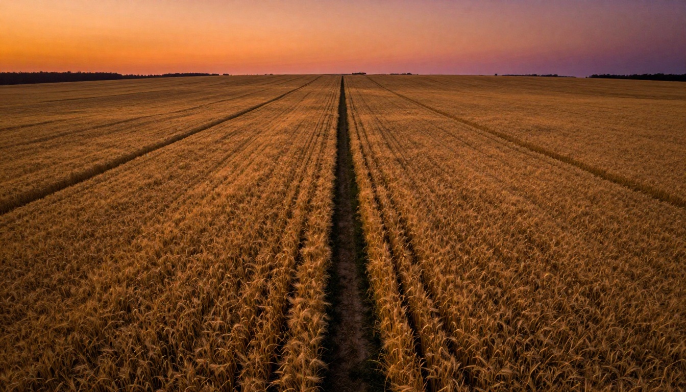 Aerial cinematic shot of golden wheat field at sunset