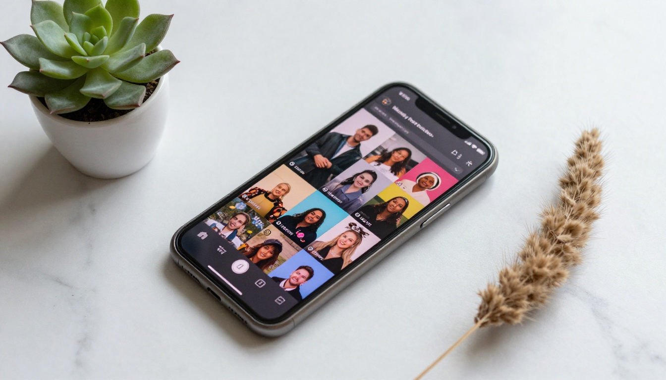Smartphone displaying short video on marble surface, top-down view