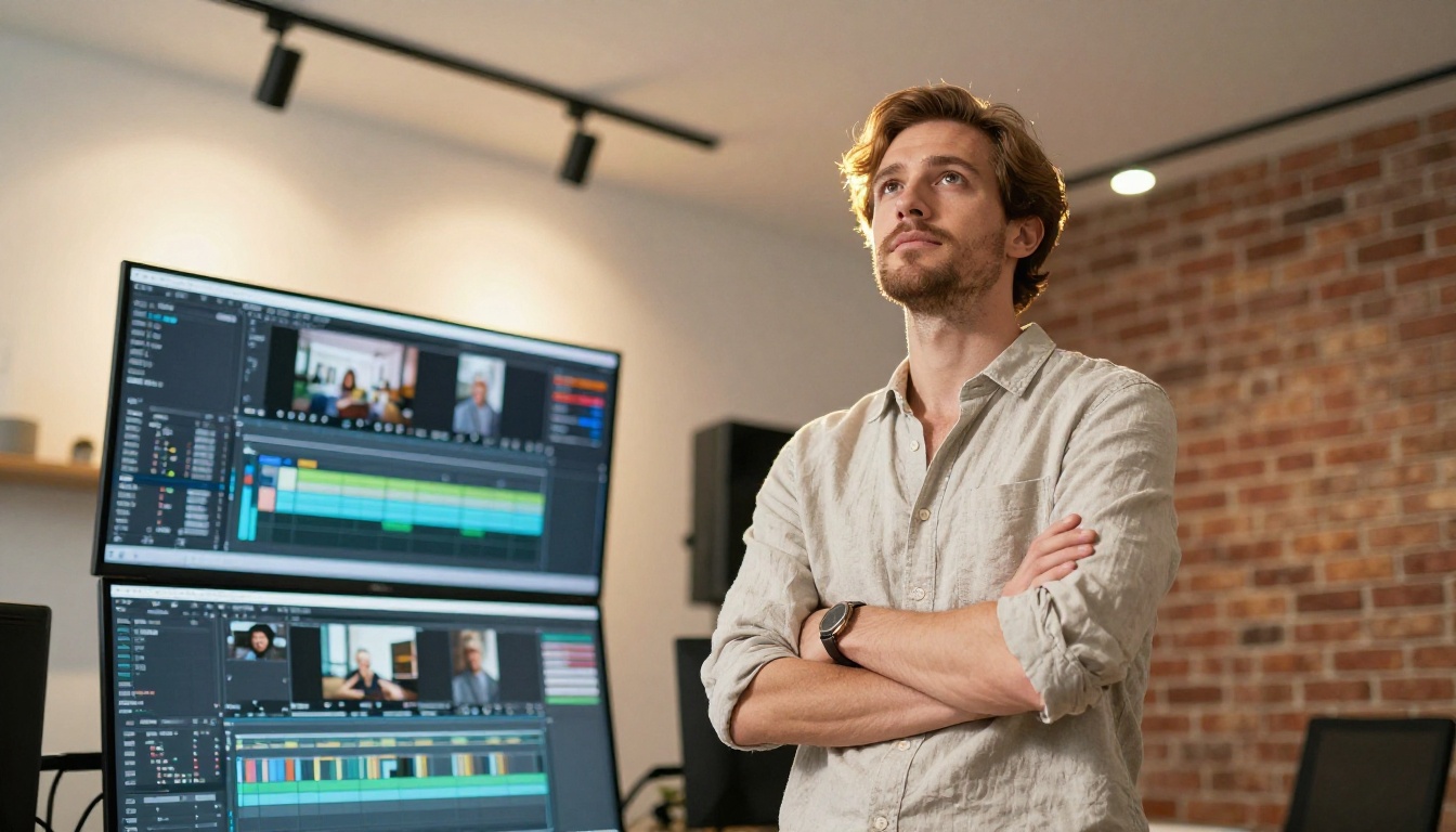 Creative professional standing confidently in bright studio, low angle view