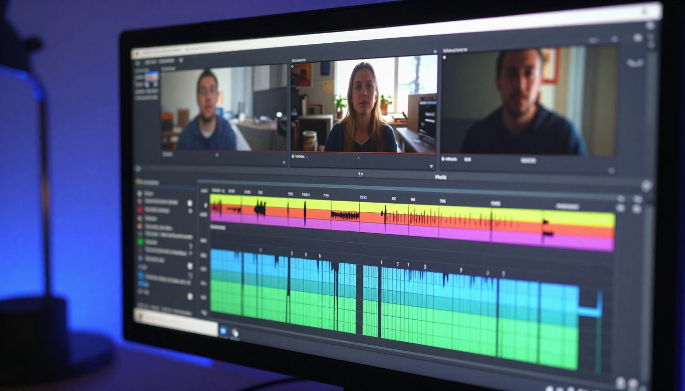 Video editing timeline on a professional monitor, close-up