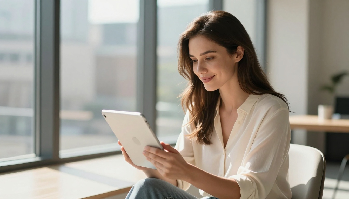 Woman reviewing video output on tablet in sunlit studio