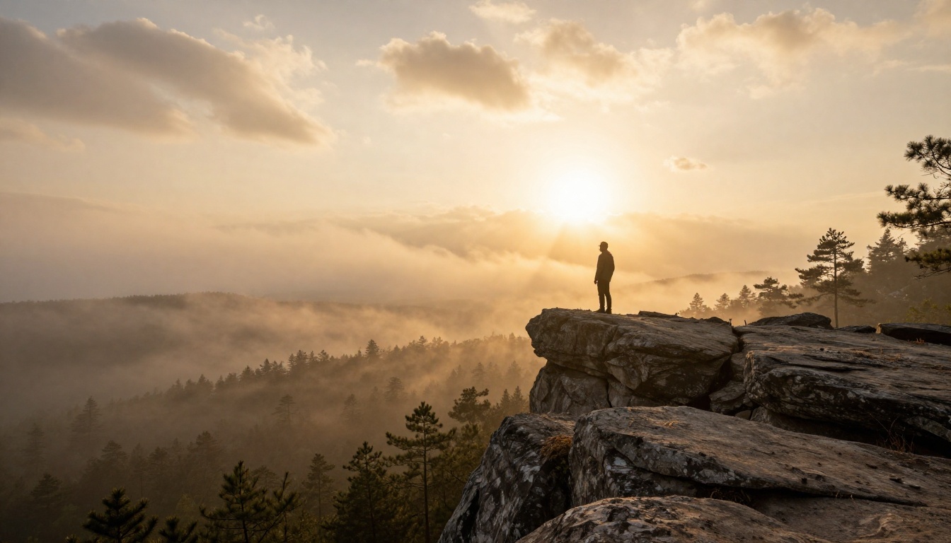 Lone figure on cliff overlooking misty valley at golden hour