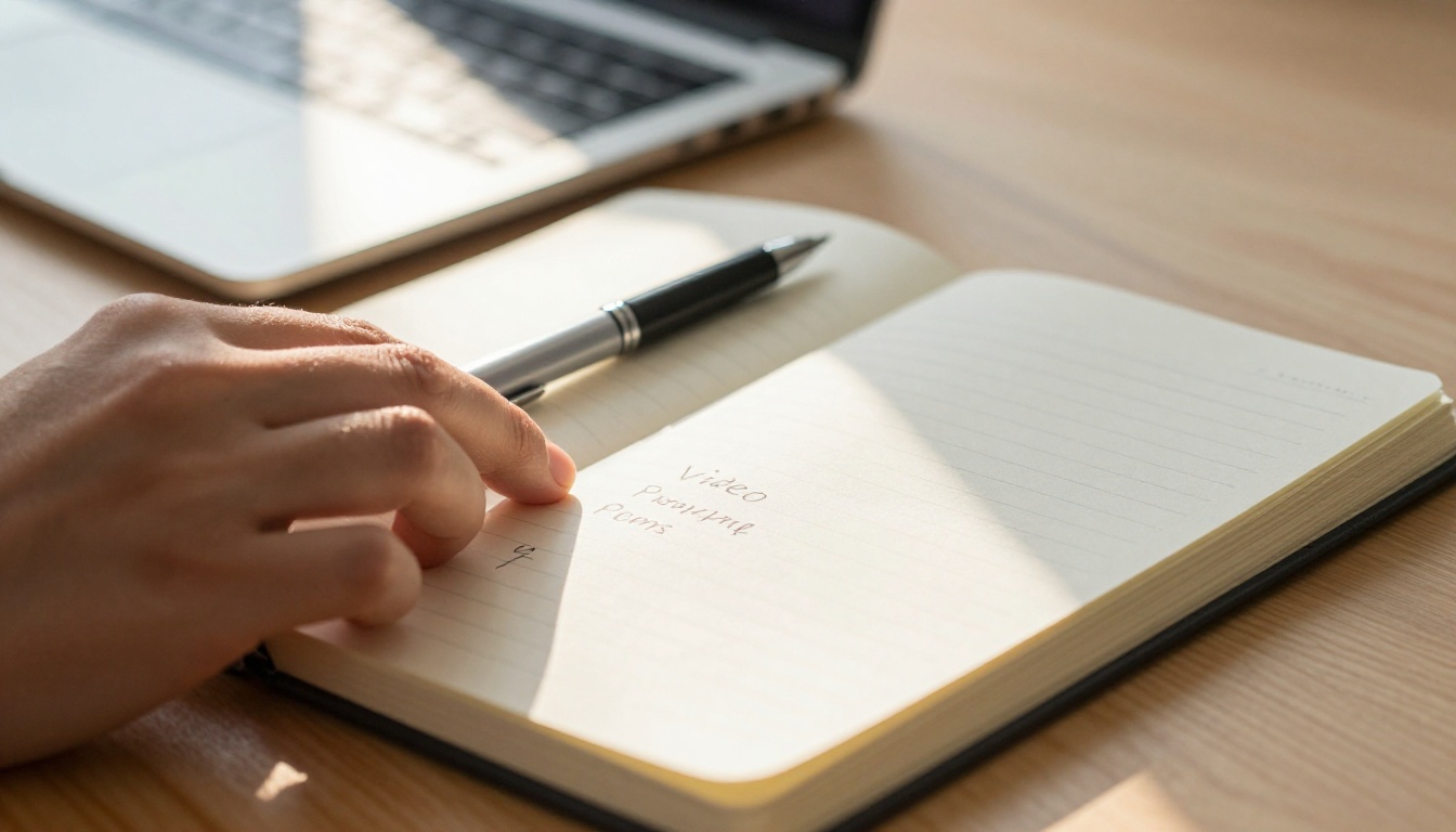 Hands holding notebook with handwritten video prompt notes, pen resting across page