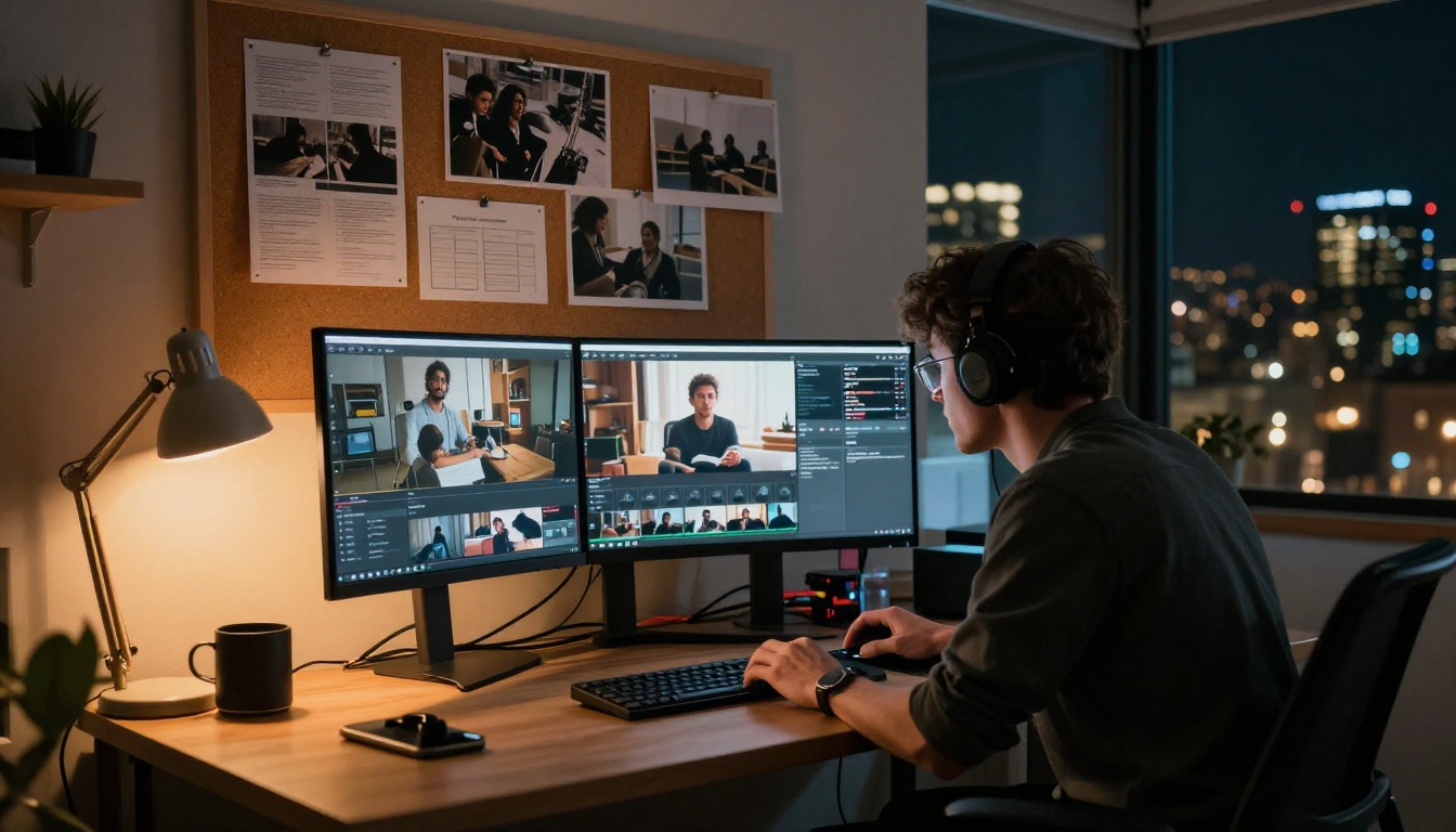 Content creator at glowing monitor in night workspace, city lights in background
