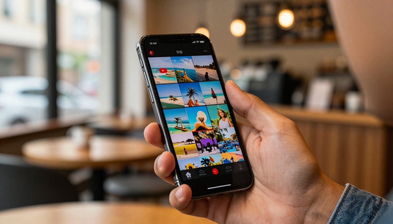 Smartphone showing vertical Shorts content feed with vibrant travel clips in warm coffee shop