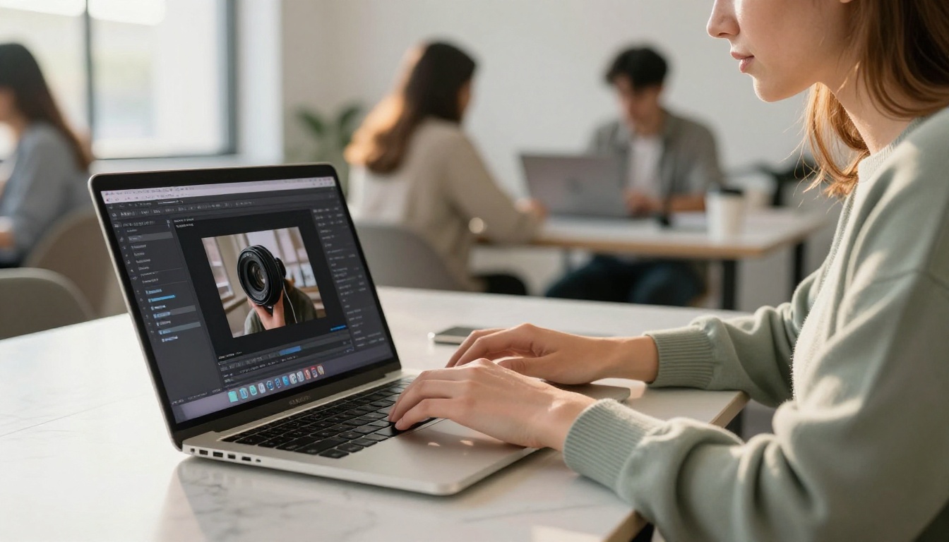 Young woman typing prompt on laptop with AI video generation interface on screen