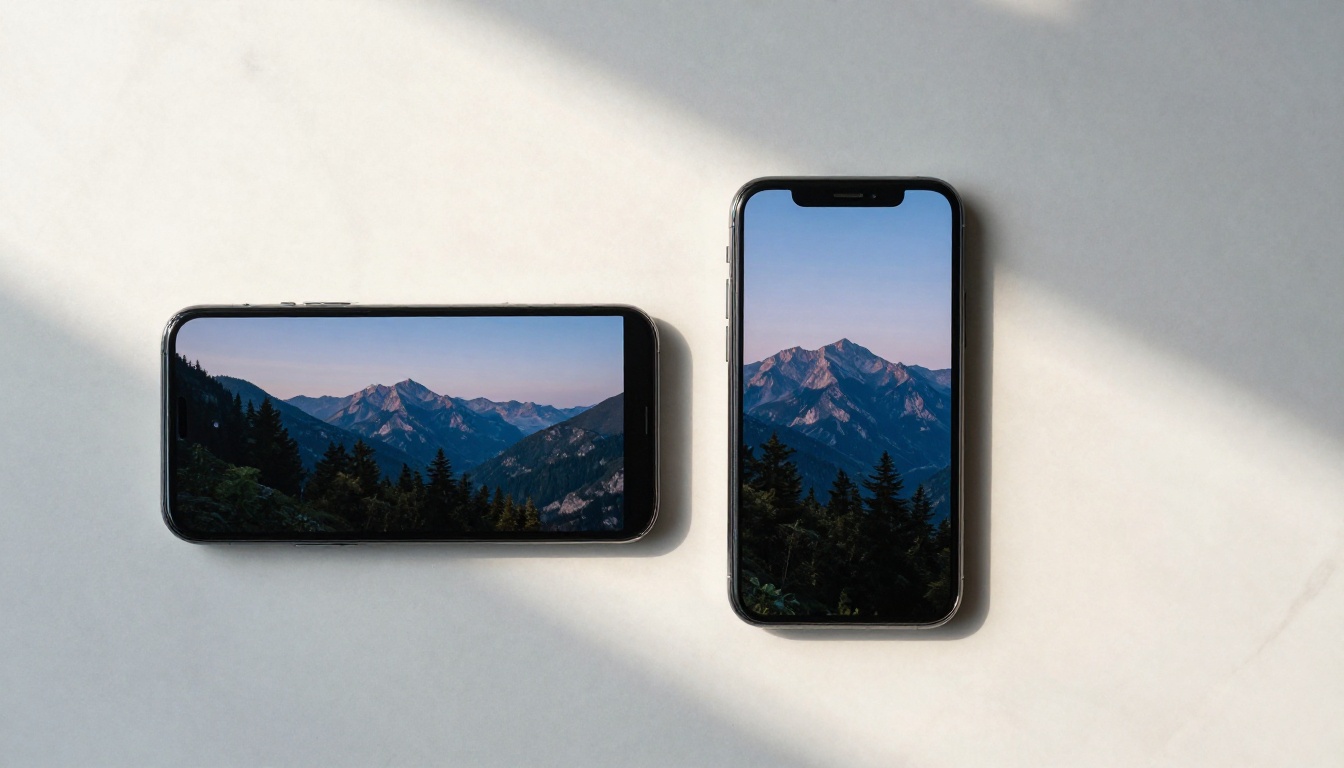 Two smartphones showing 16:9 vs 9:16 aspect ratio comparison on white marble surface