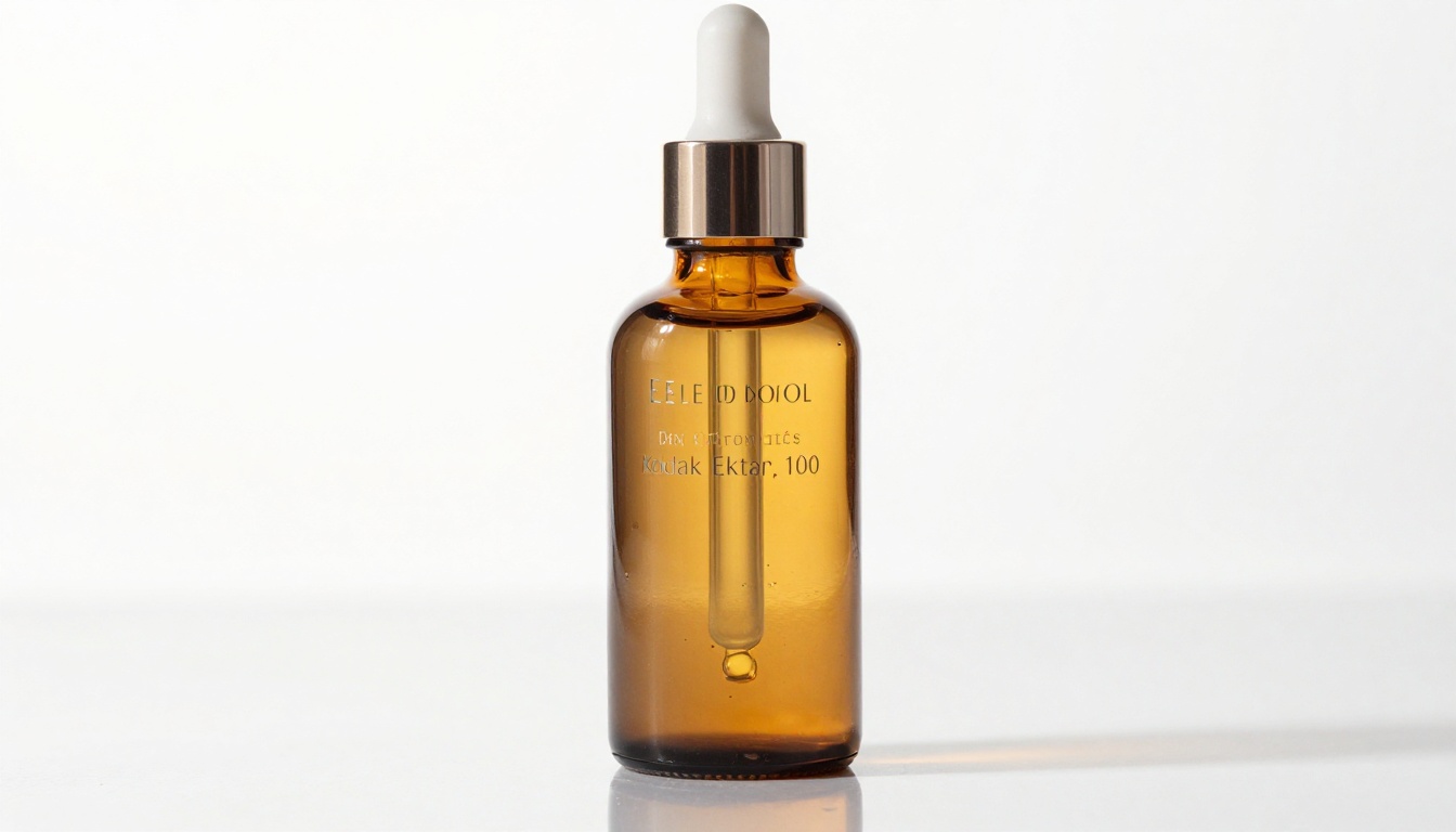 Close-up macro product photography of a luxury glass skincare serum bottle on pure white background with professional studio lighting Close-up macro product photography of a luxury glass skincare serum bottle on pure white background with professional studio lighting
