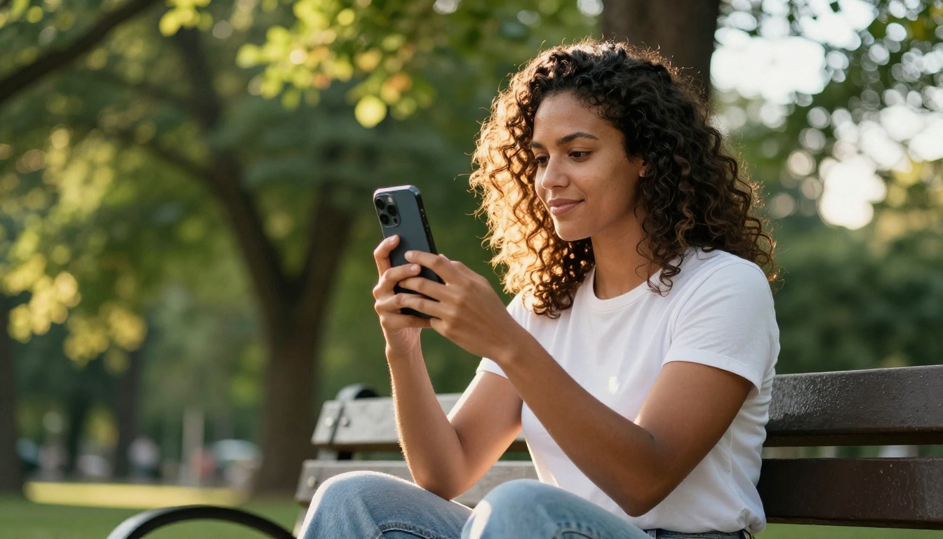 Woman watching AI generated vertical video on smartphone in sunlit park